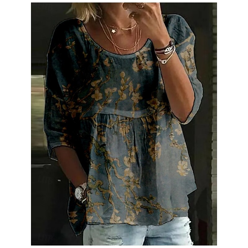 Women's Blouse Floral Stylish 3/4 Length Sleeve Crew Neck Regular Tops Daily Holiday Print Black Light Green Navy Blue Purple Green Summer3