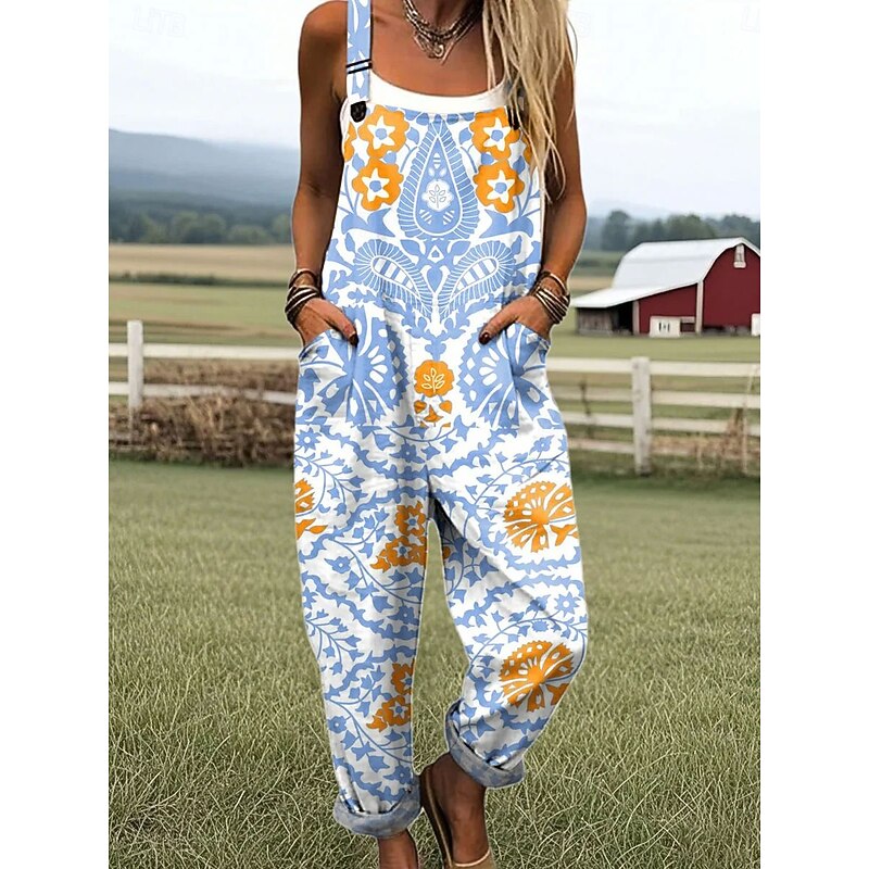 Women's Dungarees Active Floral Sleeveless Straight with Pocket Vacation Daily Loose Fit Yellow Pink Blue Summer4