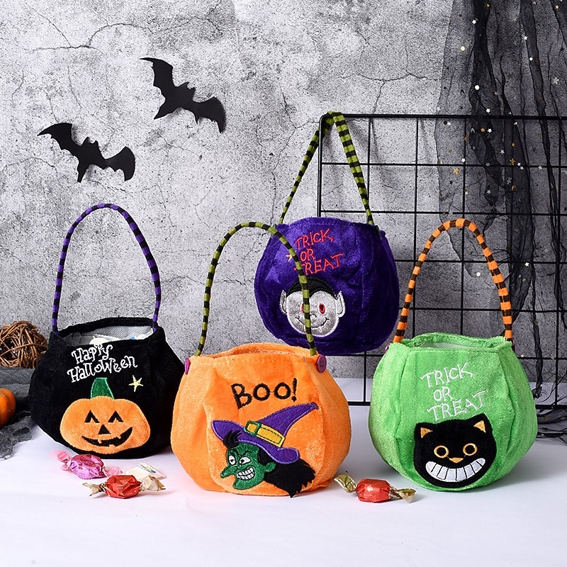 Halloween Treat Bag for Kids, Trick or Treat Candy Tote Bag, Gift Basket with Pumpkin Ghost Witch Design, Non-Woven Halloween Party Favor Bag