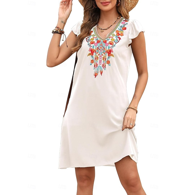 Women's Mini Dress Casual Dress Fashion Modern Elegant Dress Cap Sleeve Wedding Daily Date Regular Fit Floral Embroidery Sleeveless V Neck Black White Orange Summer4