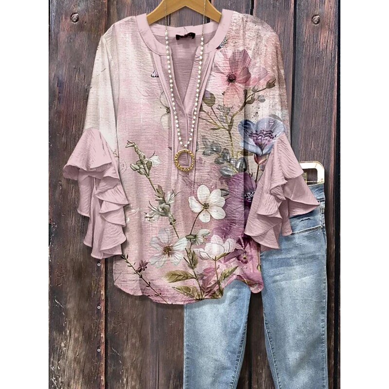 Women's Shirt Floral Stylish Modern 3/4 Length Sleeve V Neck Regular Tops Daily Holiday Ruffle Print Light Green Pink Blue Green Summer3