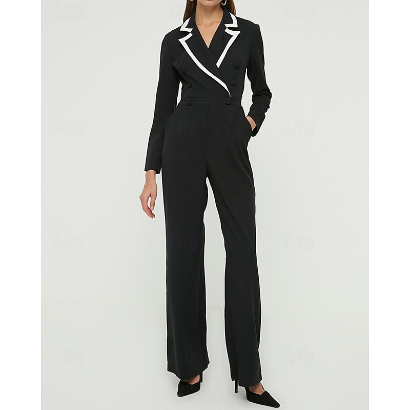 Women's Jumpsuits Formal Wedding Guest Stretch Crepe Elegant Simple Minimalist Long Sleeve Floor Length Notched Lapels Double Breasted3