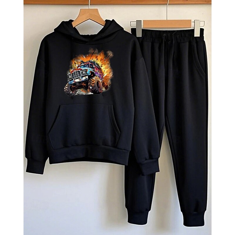 Boys' 3D Car Hoodie & Sweatpants Set Sports Suit Tracksuits Long Sleeve Spring Fall Daily Basic Casual Kids 4-12 Years Hooded Outdoor Vacation Sports Tailored Fit3