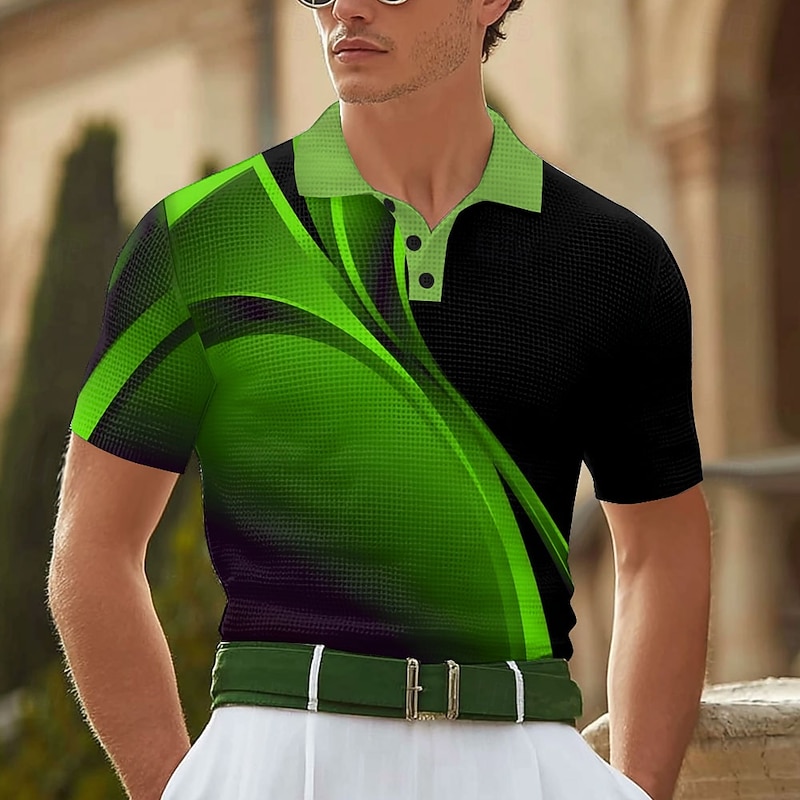 Men's Geometic Line Waffle Polo Shirts Short Sleeve Polo Shirts Collared Shirts Business Casual Business Athleisure Daily Wear 3D Print Buttons Summer Yellow Blue Green3