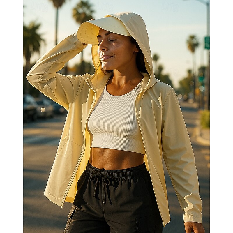 Women's Running Jacket Outdoor Jacket Full Zip Long Sleeve Outerwear Athletic Solid Colored Sun Protection Quick Dry Lightweight UV Cooling Tennis Golf Running Sportswear Activewear White Yellow Army