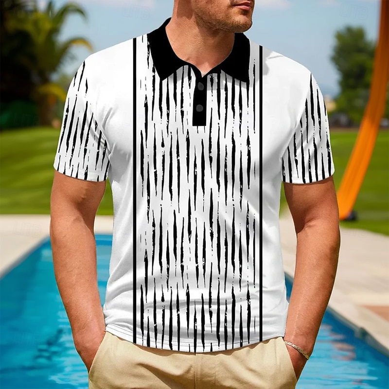 Men's Line Polo Short Sleeve Turndown Casual Daily Athleisure Buttons Summer Black White