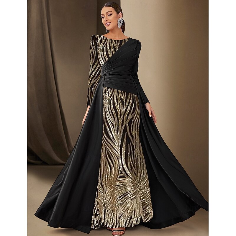 Black Tie Mermaid / Trumpet Evening Gown Sequin Sparkle Dress Formal Wedding Floor Length Long Sleeve Boat Neck Satin with Pleats