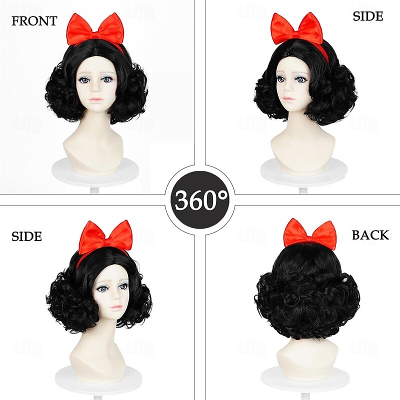 Short Black Wig for Girls Bob Curly Wavy Cosplay Wig for Halloween Costume3