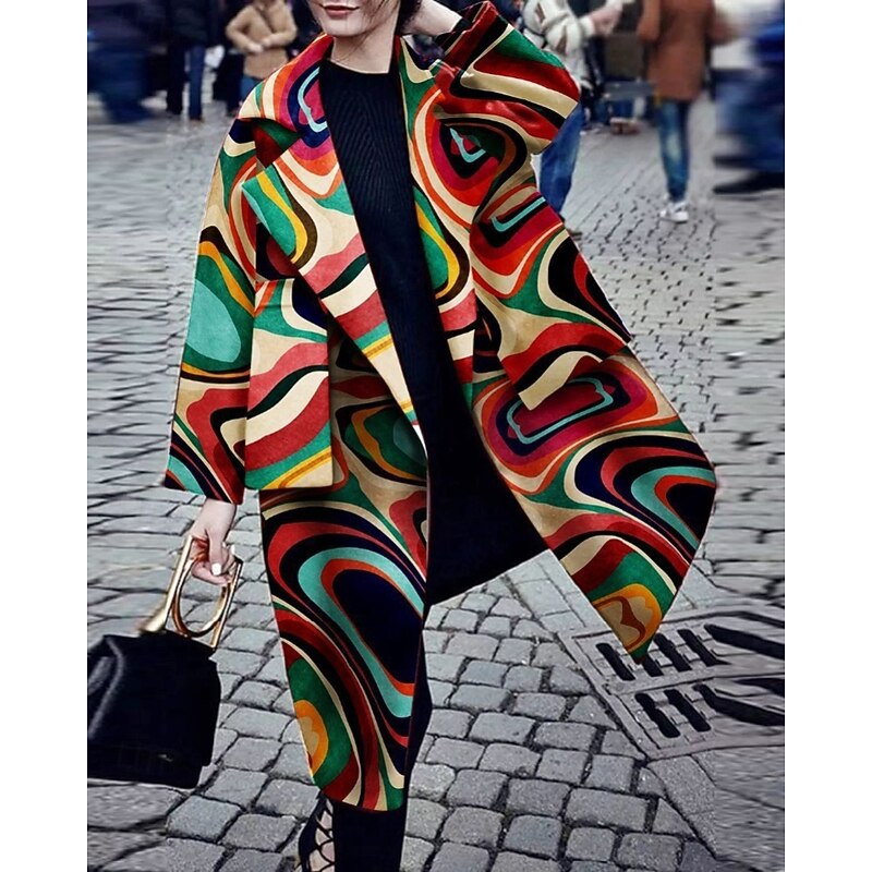 Women's Trench Coat Comfortable Pocket Print Fashion Modern Floral Outdoor Vacation Open Front Long Turndown Regular Fit Long Sleeve Outerwear Red Purple Green Fall Winter3
