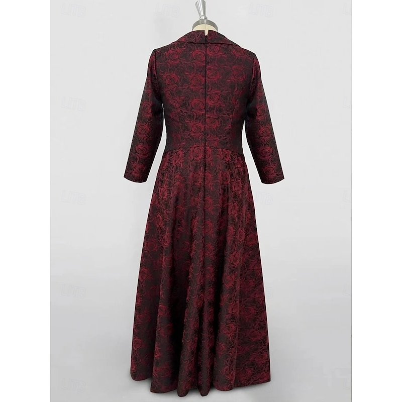 Red Jacquard Gown Mother of the Bride A-Line Evening Elegant Dress Formal Wedding Floor Length Long Sleeve Shirt Collar Pocket Nylon with Bow(s) Slit Pocket3