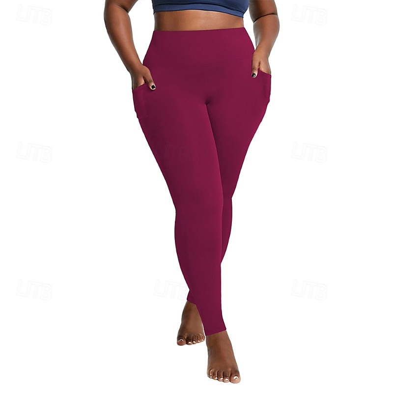 Women's pilates leggings sport pants Yoga Leggings Pocket Lightweight Pilates Gym Running Pants Solid Color Black Dusty Rose Burgundy Spandex Plus Size Sports Activewear Micro-elastic