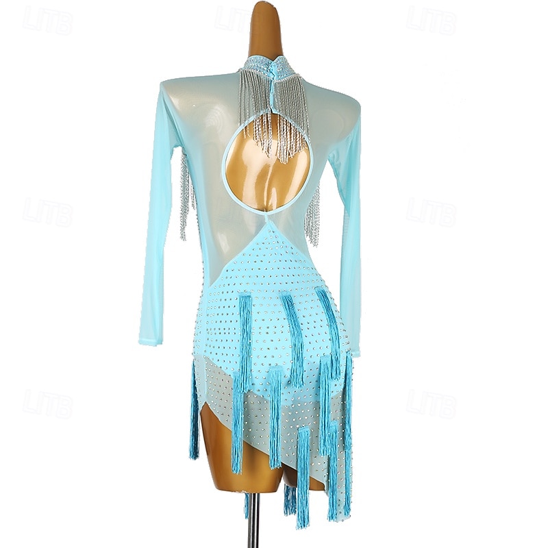 Latin Dance Dress Tassel Crystals / Rhinestones Women's Performance Daily Wear Long Sleeve Mesh Spandex2
