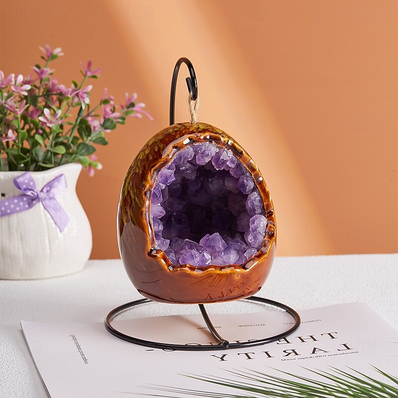 1pc Natural Amethyst Crystal Cluster Dinosaur Egg Shape USB-Powered Night Light with Metal Chain - Purple Fantasy Theme Home Decor for Bedroom Living Room Office Dinosaur Room Decor3