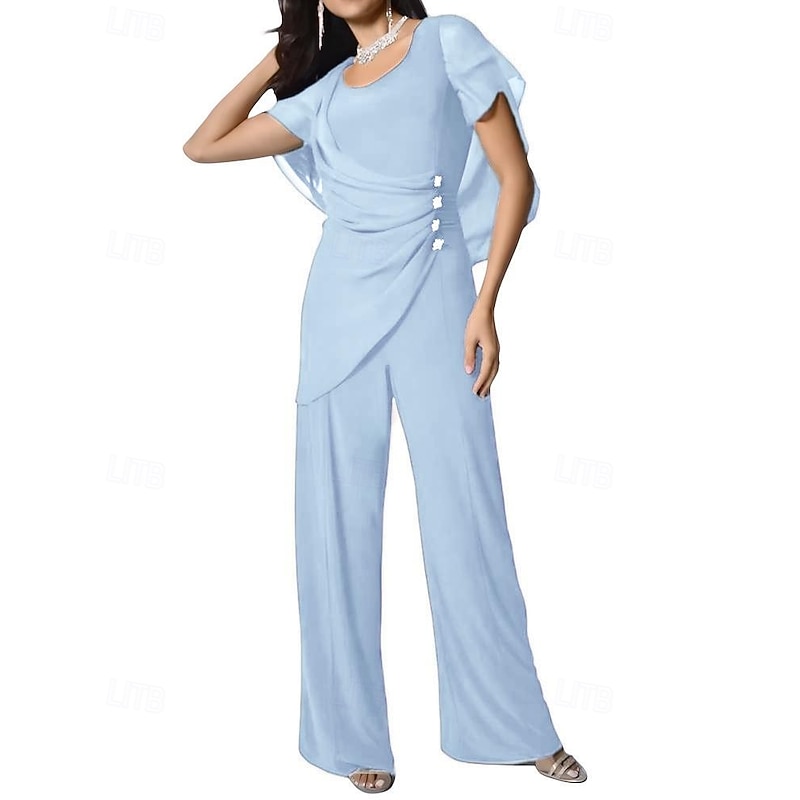 Cape Jumpsuit / Pantsuit Mother of the Bride Dress Elegant Simple Minimalist Scoop Neck Floor Length Chiffon Short Sleeve with Crystal Buttons4