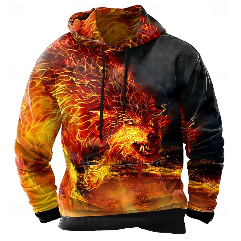 Tom Wood Men's 3D Wolf Hoodies Sweatshirt Hoodie Hooded Sweatshirt Crew Neck Cool 3D Print Club Streetwear Black Drawstring Graphic Fall Winter Designer