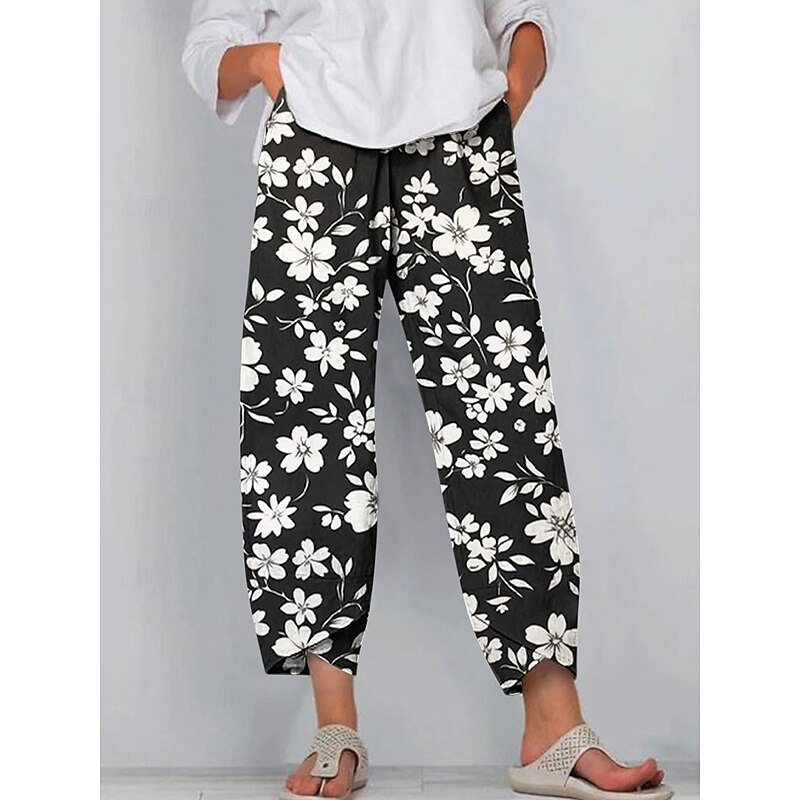 Women's Chinos Baggy Pants Casual Ankle-Length High Waist Floral Graphic Drawstring Patchwork Printing Breathable Micro-elastic Casual Daily Black Red Blue Purple Summer Spring Loose Fit4