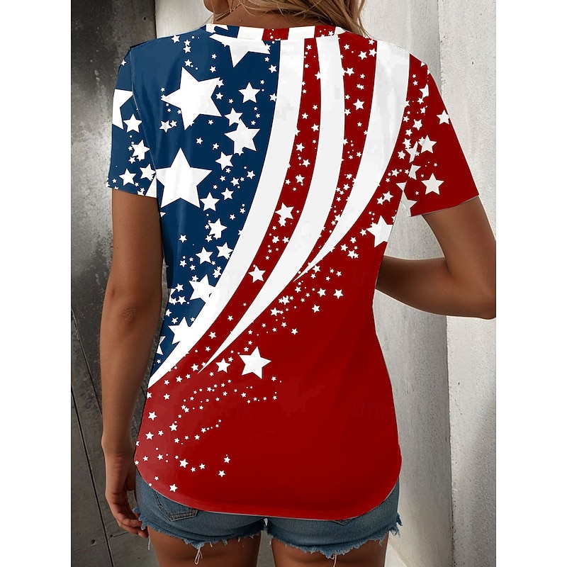 Women's Patriotic  T Shirt Graphic American Flag Vintage Stylish Casual Short Sleeve V Neck Regular Tops Daily Weekend Print Red Summer2