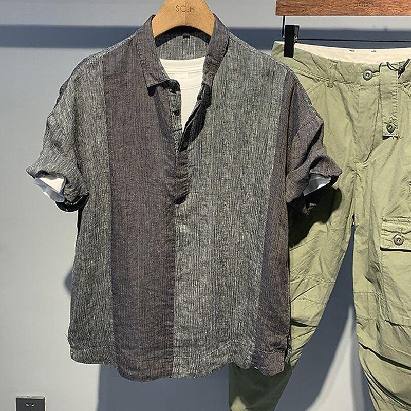 Men's Shirt Linen Shirt Popover Shirt Casual Shirt Cotton Shirt Color Block Vacation Street Apricot Gray Short Sleeve Turndown Summer Clothing Apparel Patchwork2