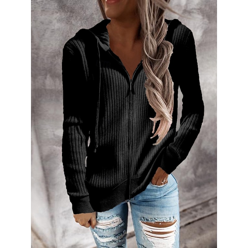 Women's Sweater Cardigan Elegant Fashion Streetwear Solid Color Hooded Zipper Knitted Long Sleeve Regular Tops Knit Outdoor Daily Weekend Black White Fall Winter3