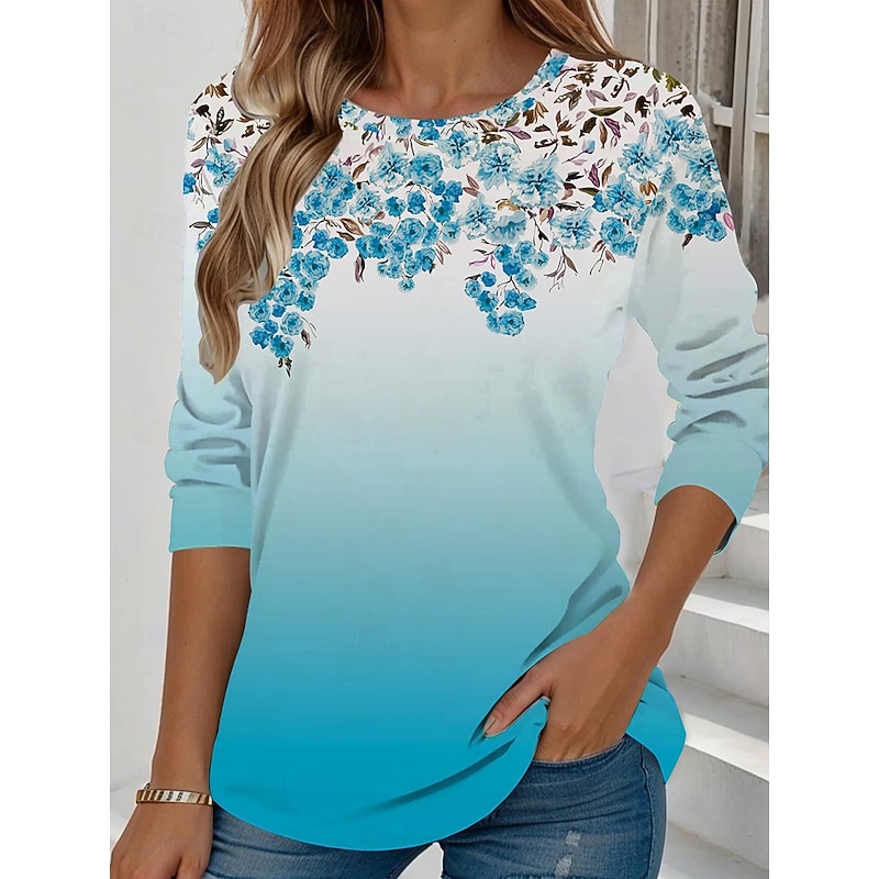 Women's T shirt Long Sleeve Crew Neck Long Sleeve Tunic Floral Graphic Plants Vintage Stylish Classic Round Neck Regular Tops Daily Weekend Print Yellow Light Green Blue Sky Blue Purple  Prefall4