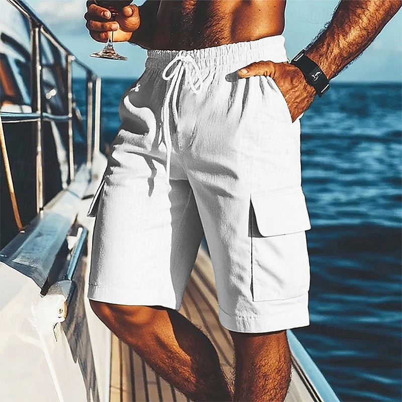 Men's Shorts Linen Shorts Summer Shorts Beach Shorts Drawstring Elastic Waist Multiple Pockets Plain Comfort Breathable Short Vacation Holiday Beach Hawaiian Boho Black White