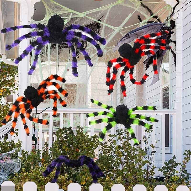 Halloween Spider with Red Eyes Colorful Hairy Scary Large Spider, Realistic Creepy Spider Prop, Indoor Outdoor Halloween Decoration for Yard, Home, Wall, Party Decor