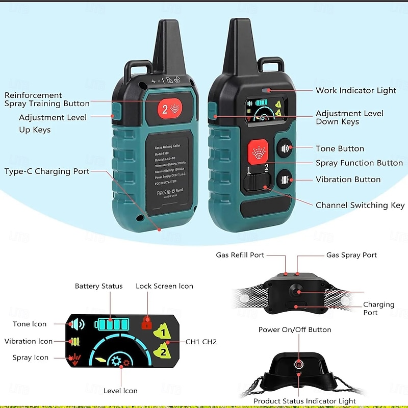 Remote Spray Training Collar for Dog Beep Vibration Spray 6 level Adjustable Sensitivities IPX7 Waterproof Safer Spray Dog Training Anti Bark E Collar (not including citronella bottle)3