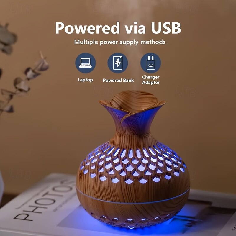 Wood Grain Humidifier-Flower Shape Mini Humidifier with Cool Mist Humidifier for Bedroom/Desk/Car/Office,2 Mist Mode Waterless Auto Shut-Off, 7 Colors Lights Changing with USB2