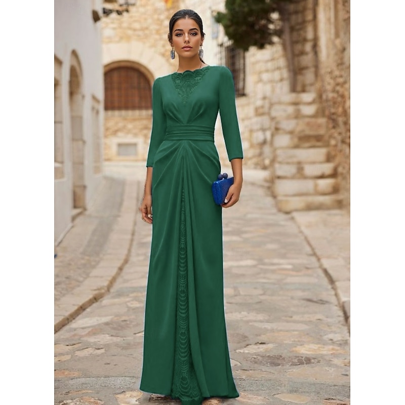 A-Line Evening Gown Elegant Dress Formal Wedding Guest Floor Length Long Sleeve Crew Neck Detachable Stretch Crepe with Ruched3