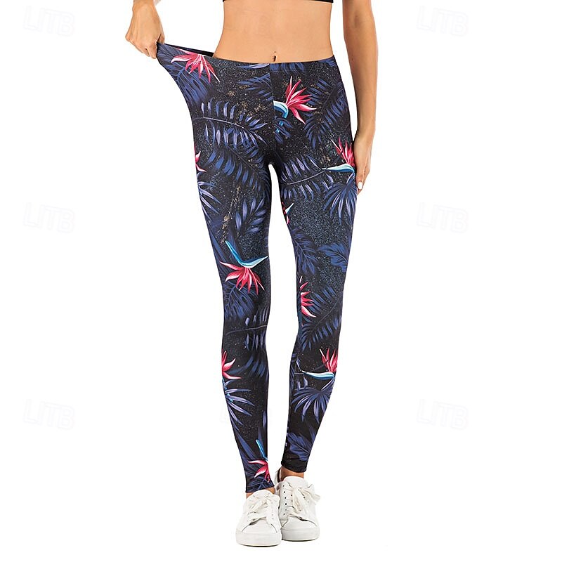 Women's Slacks Leggings Cozy Leggings Streetwear Casual Full Length Natural Floral Elastic Waist Print Comfy Outdoor Comfortable Outdoor Vacation Holiday Light Sky Blue Navy Blue Green Fall Regular