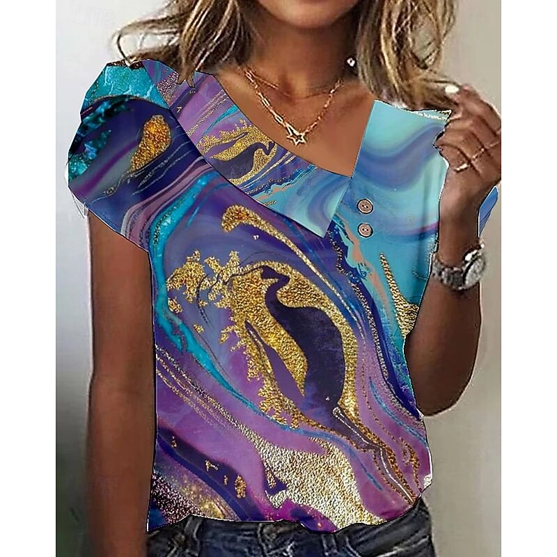 Women's Blouse Graphic Marble Elegant Stylish Casual Short Sleeve Asymmetrical Regular Tops Daily Holiday Buttons Purple Orange Green Summer2