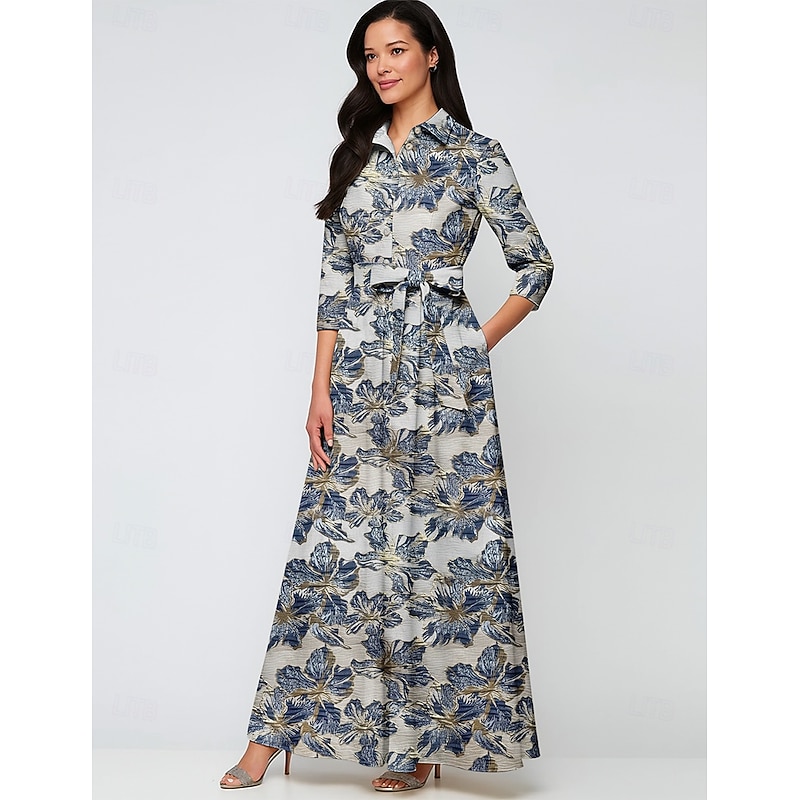 Jacquard Brocade Mother of the Bride A-Line Evening Gown Elegant Dress Formal Wedding Floor Length Long Sleeve Shirt Collar Nylon with Bow(s) Pocket