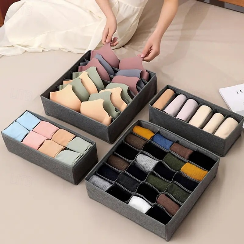 4 Pack Drawer Organizer for Baby Clothes, Linen Fabric Nursery Organizer for Baby Diaper, Collapsible Deep Fabric Drawer Organizer with Zipper for Socks, Bra, Towels, Ties