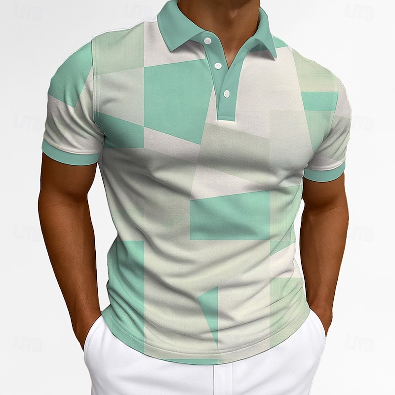 Men's Patchwork Polo Short Sleeve Polo Collar Office Business Casual Daily Buttons 3D Print Summer Robin's Egg Blue Green Orange2