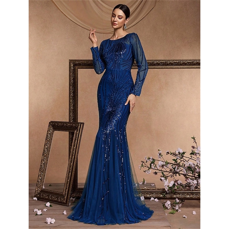 Mermaid / Trumpet Quinceanera Dresses Elegant Dress Formal Wedding Floor Length Long Sleeve Crew Neck Polyester with Sequin4