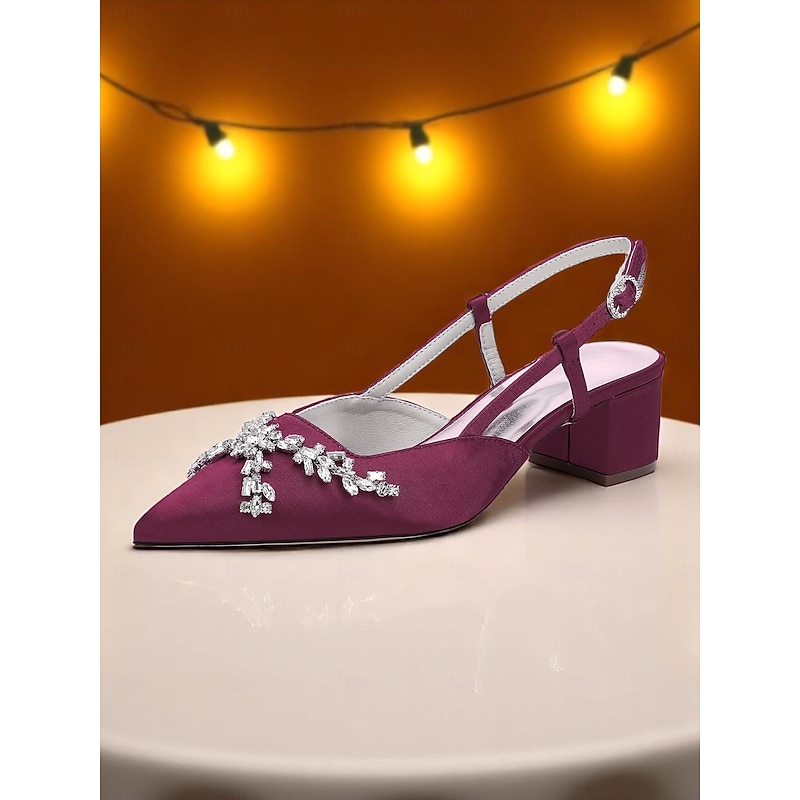 Women's Black Satin Slingback Heels, Pointed-Toe Dress Shoes with Crystal Embellishments for Formal Events and Evening Parties2