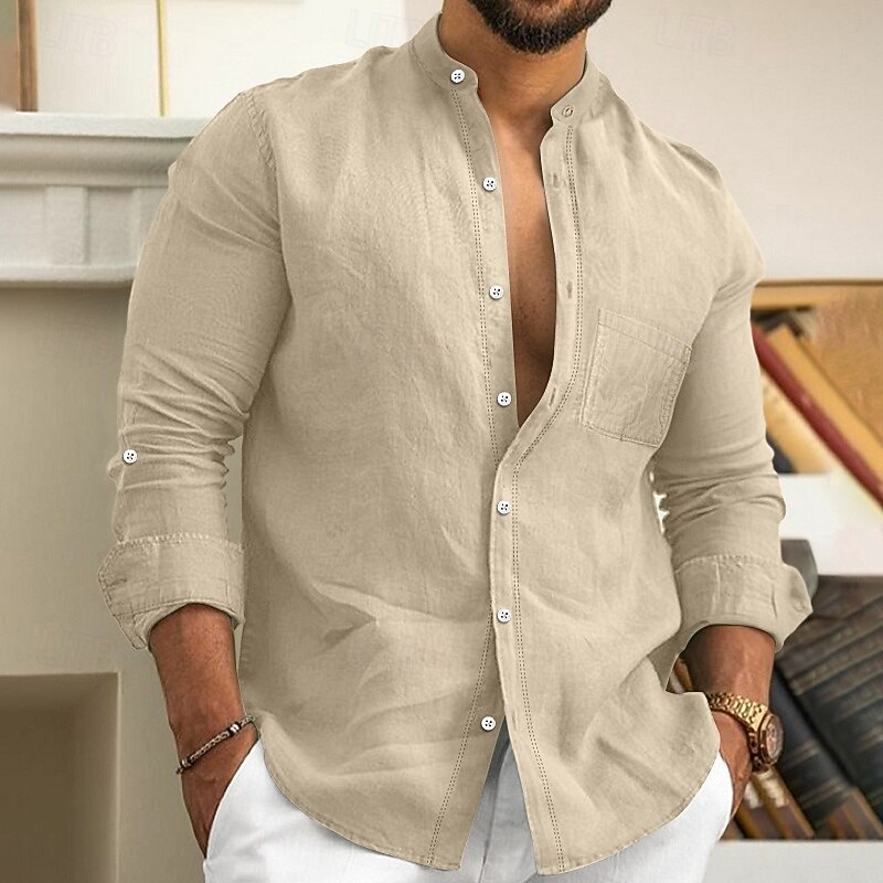 Men's Shirt Linen Shirt Summer Shirt Beach Wear Button Up Shirt Plain Vacation Casual Black White Blue Khaki Long Sleeve Collar Spring & Summer Clothing Apparel4