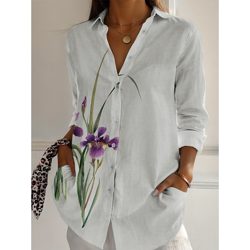 Women's Linen-Inspired Shirts Floral Active Daily Stylish Long Sleeve Shirt Collar Regular Tops Daily Holiday Buttons Print White Spring Fall