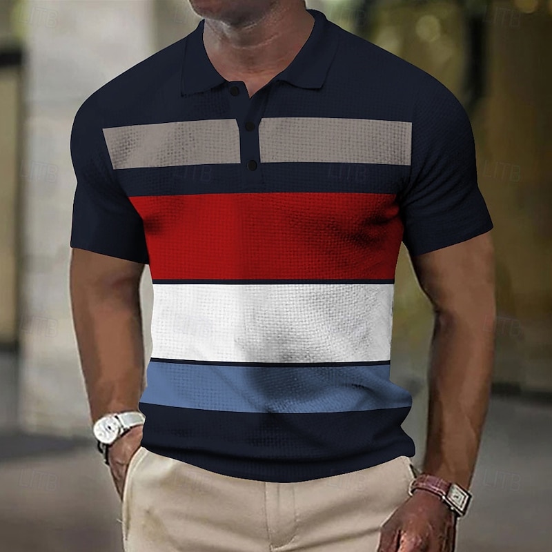 Men's Striped Rugby Polo Short Sleeve Polo Shirts Collared Shirts Business Casual School Dailywear Athleisure Buttons 3D Print Summer Red