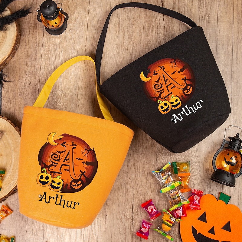 Personalized Name Halloween Treat Bag for Kids Custom Candy Tote Bag Basket for Trick or Treat, Personalized Letters and Names, Natural Linen Candy Bag, Breathable and Durable, Best Trick-or-Treat Gift for Children4