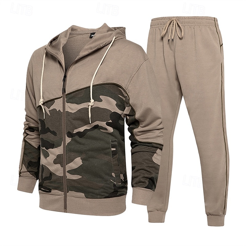 Men's Tracksuit Sweatpants Zip Up Hoodie Pocket Camouflage Clothing Suit Fall Army Green Khaki Gym Workout Sports Windproof Long Sleeve Sport Activewear Micro-elastic Regular Fit2