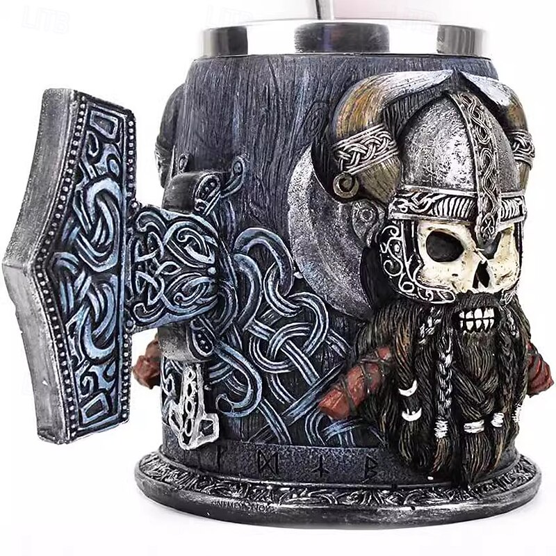 Viking Skull Beer Mug,Oktoberfest Gift Mug Medieval Norse Pirate Coffee Cup with 3D Viking Warrior Statue, Gothic Skeleton Tankard for Bar or Gift4