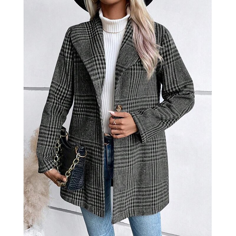 Women's Coat Warm Comfortable Buttons Casual Plaid Outdoor Holiday Single Breasted Regular Turndown Regular Fit Long Sleeve Outerwear Red Camel Gray Fall Winter2
