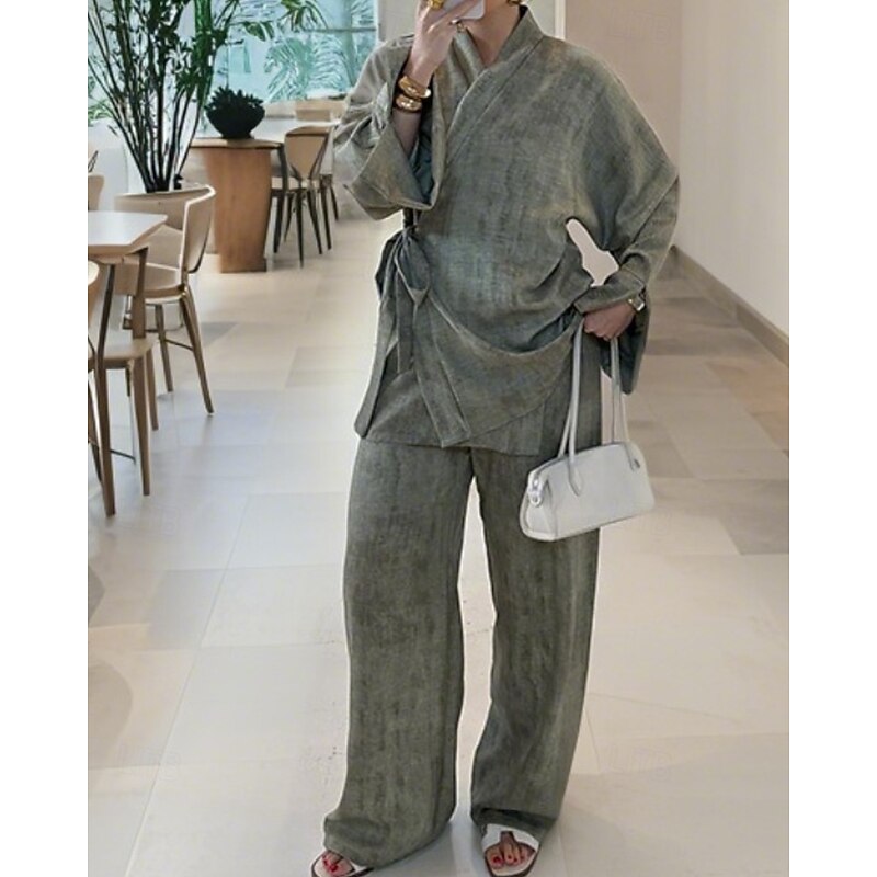 Women's Active Blouse Pants Sets Long Sleeve V Neck Plain Lace up Daily Holiday Going out Green Beige Fall Regular Fit2