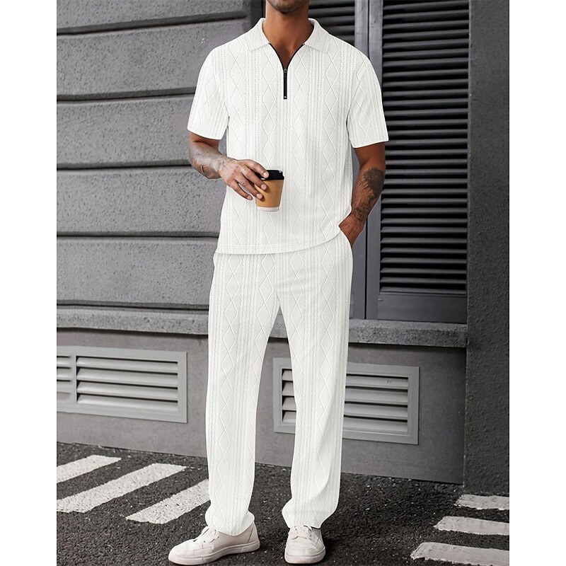 Men's Waffle Polo Shirts Polo Casual Sports Lapel Short Sleeve Fashion Basic Plain Quarter Zip Summer Spring Black White Sky Blue Brown Army Green Gray Waffle Polo Shirts