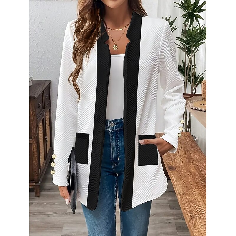 Women's Casual Jacket Comfortable Breathable Pocket Buttons Casual Plain Vacation Street Casual Daily Wear Single Breasted Regular Stand Collar Regular Fit Long Sleeve Outerwear Black White Spring