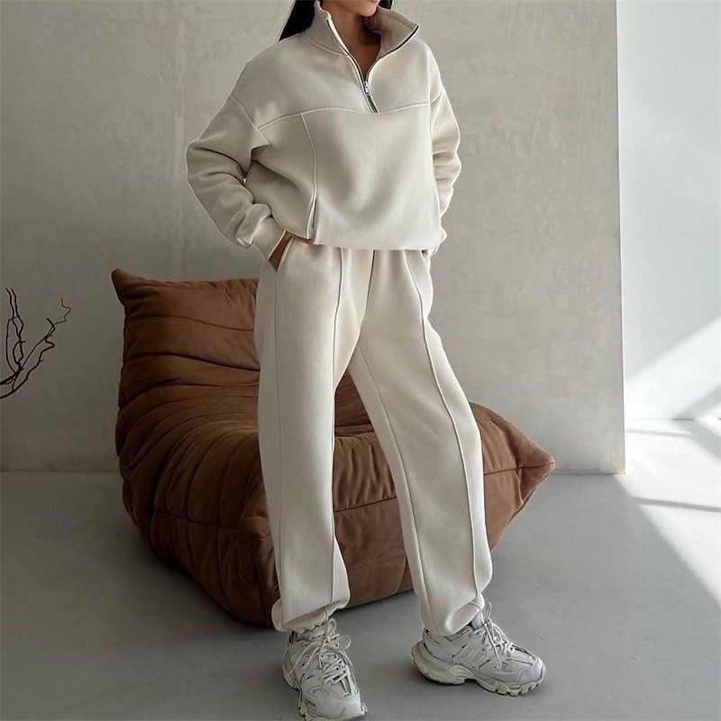 Women's Tracksuit Sweatpants Pullover Sweatshirt Zipper Pocket Solid Colored Clothing Suit Fall Dark Navy Apricot Gym Workout Sports Windproof Long Sleeve Sport Activewear Micro-elastic Regular Fit3