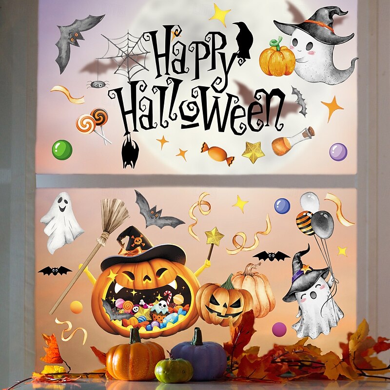 Halloween Window Clings Decoration Double-Sided Visible Pumpkin and Ghost Static Cling Stickers, Removable Glass Decals for Halloween Window Decor2