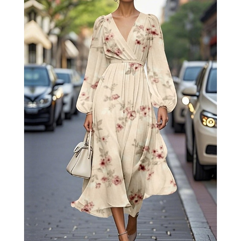 Women's Midi Dress Casual Dress Print Dress Elegant Fashion Outdoor Party Holiday Regular Fit Striped Flower Long Sleeve V Neck Rainbow Rose Red Beige Summer Spring3