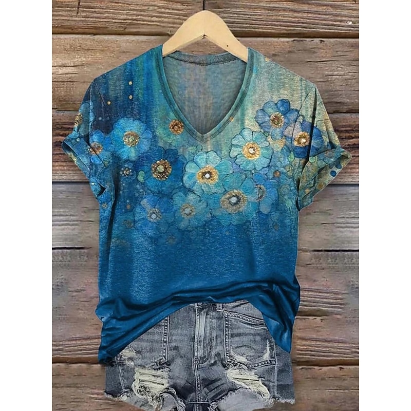Women's T Shirt Floral Graphic Plants Vintage Fashion Hawaiian Short Sleeve V Neck Regular Tops Daily Going out Weekend Print Yellow Pink Blue Purple Orange Summer Spring
